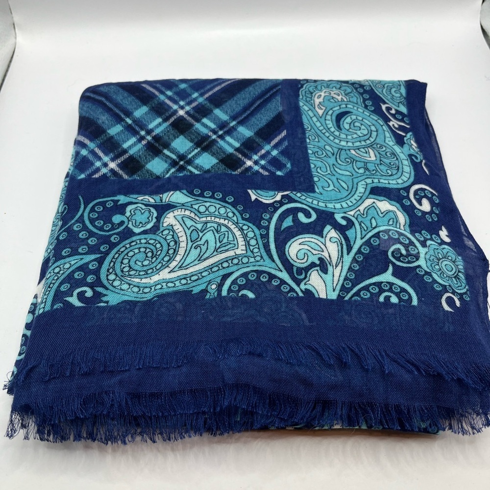 Talbots Teal and Navy White Paisley and Plaid Pattern Blue Tones Lightweight - Picture 3 of 10